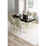 Canisa Concept Tia Serisi, Siyah Mermer Desen 80X132 Açılabilir Mdf Yemek Odası Takımı 4 Krem Sandalye Gold Detay