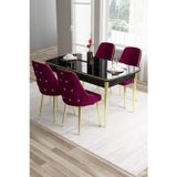 Canisa Concept Tia Serisi, Siyah Mermer Desen 80X132 Açılabilir Mdf Yemek Odası Takımı 4 Mürdüm Sandalye Gold Detay