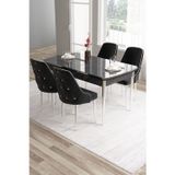 Canisa Concept Tia Serisi, Siyah Mermer Desen 80X132 Açılabilir Mdf Yemek Odası Takımı 4 Siyah Sandalye Gümüş Detay