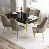Canisa Concept Tia Serisi, Siyah Mermer Desen 80X132 Açılabilir Mdf Yemek Odası Takımı 6 Sandalye Gold Detay - Cappuccino