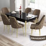 Canisa Concept Tia Serisi, Siyah Mermer Desen 80X132 Açılabilir Mdf Yemek Odası Takımı 6 Sandalye Gold Detay - Kahverengi