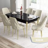 Canisa Concept Tia Serisi, Siyah Mermer Desen 80X132 Açılabilir Mdf Yemek Odası Takımı 6 Sandalye Gold Detay - Krem