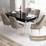 Canisa Concept Tia Serisi, Siyah Mermer Desen 80X132 Açılabilir Mdf Yemek Odası Takımı 6 Sandalye Gümüş Detay - Cappuccino