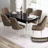 Canisa Concept Tia Serisi, Siyah Mermer Desen 80X132 Açılabilir Mdf Yemek Odası Takımı 6 Sandalye Gümüş Detay - Kahve