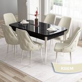 Canisa Concept Tia Serisi, Siyah Mermer Desen 80X132 Açılabilir Mdf Yemek Odası Takımı 6 Sandalye Gümüş Detay - Krem