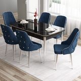 Canisa Concept Tia Serisi, Siyah Mermer Desen 80X132 Açılabilir Mdf Yemek Odası Takımı 6 Sandalye Gümüş Detay - Lacivert