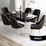 Canisa Concept Tia Serisi, Siyah Mermer Desen 80X132 Açılabilir Mdf Yemek Odası Takımı 6 Sandalye Gümüş Detay