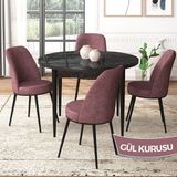 Canisa Concept Tor Serisi, Yuvarlak Mutfak Masa Takımı, Siyah Mermer Desen Masa ve 4 Sandalye - 90 x 90 cm - Gülkurusu