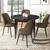 Canisa Concept Tor Serisi, Yuvarlak Mutfak Masa Takımı, Siyah Mermer Desen Masa ve 4 Sandalye - 90 x 90 cm - Kahverengi