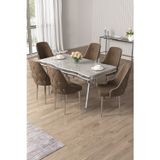 Canisa Concept Vae Serisi 90X160 Lak Panel Beyaz Mermer Desen Krom Ayak Masa Takımı 6 Kahverengi Sandalye