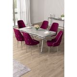 Canisa Concept Vae Serisi 90X160 Lak Panel Beyaz Mermer Desen Krom Ayak Masa Takımı 6 Mürdüm Sandalye