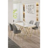 Canisa Concept Vals Serisi 80X130 Lak Panel Beyaz Mermer Desen Masa Takımı Gold Ayaklı 4 Gri Sandalye
