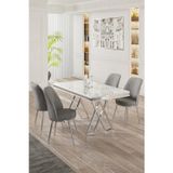Canisa Concept Vals Serisi 80X130 Lak Panel Beyaz Mermer Desen Masa Takımı Krom Ayaklı 4 Gri Sandalye