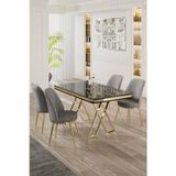 Canisa Concept Vals Serisi 80X130 Lak Panel Siyah Mermer Desen Masa Takımı Gold Ayaklı 4 Gri Sandalye