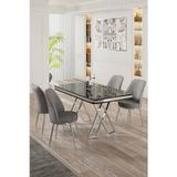 Canisa Concept Vals Serisi 80X130 Lak Panel Siyah Mermer Desen Masa Takımı Krom Ayaklı 4 Gri Sandalye