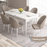 Canisa Concept Ves Serisi 80X132 Mdf Açılabilir Beyaz Mermer Desen Mutfak Masa Takımı 6 Sandalye - Cappucino