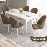Canisa Concept Ves Serisi 80X132 Mdf Açılabilir Beyaz Mermer Desen Mutfak Masa Takımı 6 Sandalye - Kahverengi