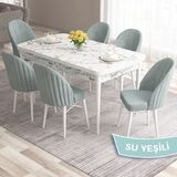 Canisa Concept Ves Serisi 80X132 Mdf Açılabilir Beyaz Mermer Desen Mutfak Masa Takımı 6 Sandalye - Su Yeşili