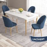 Canisa Concept Ves Serisi 80X132 Mdf Beyaz Mutfak Masa Takımı Doğal Ahşap Ayak Beyaz Kafes 4 Sandalye - Lacivert
