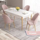 Canisa Concept Ves Serisi 80X132 Mdf Beyaz Mutfak Masa Takımı Doğal Ahşap Ayak Beyaz Kafes 4 Sandalye - Pembe