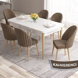 Canisa Concept Ves Serisi 80X132 Mdf Beyaz Mutfak Masa Takımı Doğal Ahşap Ayak Beyaz Kafes 6 Sandalye - Kahverengi