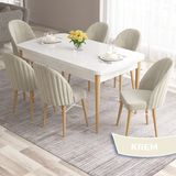 Canisa Concept Ves Serisi 80X132 Mdf Beyaz Mutfak Masa Takımı Doğal Ahşap Ayak Beyaz Kafes 6 Sandalye - Krem