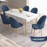 Canisa Concept Ves Serisi 80X132 Mdf Beyaz Mutfak Masa Takımı Doğal Ahşap Ayak Beyaz Kafes 6 Sandalye - Lacivert