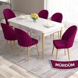Canisa Concept Ves Serisi 80X132 Mdf Beyaz Mutfak Masa Takımı Doğal Ahşap Ayak Beyaz Kafes 6 Sandalye - Mürdüm