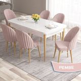 Canisa Concept Ves Serisi 80X132 Mdf Beyaz Mutfak Masa Takımı Doğal Ahşap Ayak Beyaz Kafes 6 Sandalye - Pembe
