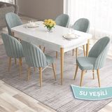 Canisa Concept Ves Serisi 80X132 Mdf Beyaz Mutfak Masa Takımı Doğal Ahşap Ayak Beyaz Kafes 6 Sandalye - Su Yeşili