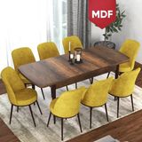 Canisa Concept Via Serisi 80 x 132 cm Açılabilir MDF Barok Ahşap Desen Mutfak Masa Takımı + 8 Adet Sandalye - Hardal - 80x132