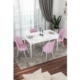 Canisa Concept Via Serisi 80x132 cm Açılabilir Beyaz Mermer Desen 4 Adet Pembe Sandalye Mutfak Masa Takımı