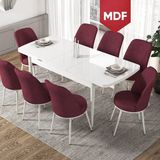 Canisa Concept Via Serisi MDF Açılabilir Beyaz Renk Mutfak Masası Takımı, Yemek Masası+8 Adet Sandalye - Bordo