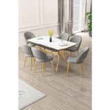 Canisa Concept Weps Serisi 89X150 Açılabilir Lak Panel Beyaz Mermer Gold Ayak Masa Takımı Ve 6 Gri Sandalye