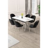 Canisa Concept Weps Serisi 89X150 Açılabilir Lak Panel Beyaz Mermer Krom Ayak Masa Takımı Ve 6 Siyah Sandalye