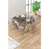 Canisa Concept Zae Serisi 90X168 Lak Panel Antrasit Ironi Gold Ayak Masa Takımı 4 Gri Sandalye