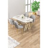 Canisa Concept Zae Serisi 90X168 Lak Panel Beyaz Mermer Desen Gold Ayak Masa Takımı 4 Gri Sandalye