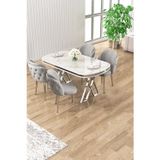 Canisa Concept Zae Serisi 90X168 Lak Panel Beyaz Mermer Desen Krom Ayak Masa Takımı 4 Gri Sandalye