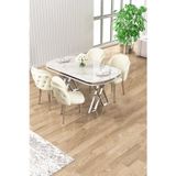 Canisa Concept Zae Serisi 90X168 Lak Panel Beyaz Mermer Desen Krom Ayak Masa Takımı 4 Krem Sandalye