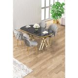 Canisa Concept Zae Serisi 90X168 Lak Panel Siyah Mermer Desen Gold Ayak Masa Takımı 4 Gri Sandalye