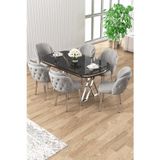Canisa Concept Zae Serisi 90X168 Lak Panel Siyah Mermer Desen Masa Takımı Krom Ayaklı 6 Gri Sandalye