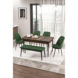 Canisa Concept Zen Serisi 80x132 cm Açılabilir Barok Ahşap Desen Mutfak Masası Takımı, 4 Haki Yeşil Sandalye ve 1 Bench