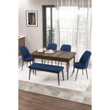 Canisa Concept Zen Serisi 80x132 cm Açılabilir Barok Ahşap Desen Mutfak Masası Takımı, 4 Lacivert Sandalye ve 1 Bench