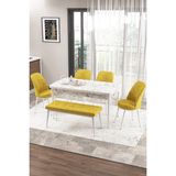 Canisa Concept Zen Serisi 80x132 cm Benchli Beyaz Mermer Desen Açılabilir Mdf Hardal Mutfak Masası Takımı