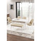 Canisa Concept Zen Serisi 80x132 cm Benchli Beyaz Mermer Desen Açılabilir Mdf Krem Mutfak Masası Takımı