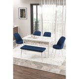 Canisa Concept Zen Serisi 80x132 cm Benchli Beyaz Mermer Desen Açılabilir Mdf Lacivert Mutfak Masası Takımı