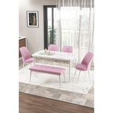 Canisa Concept Zen Serisi 80x132 cm Benchli Beyaz Mermer Desen Açılabilir Mdf Pembe Mutfak Masası Takımı