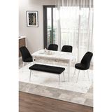 Canisa Concept Zen Serisi 80x132 cm Benchli Beyaz Mermer Desen Açılabilir Mdf Siyah Mutfak Masası Takımı