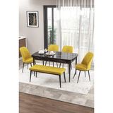 Canisa Concept Zen Serisi 80x132 cm Benchli Siyah Mermer Desen Açılabilir Mdf Hardal Mutfak Masası Takımı