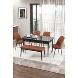 Canisa Concept Zen Serisi 80x132 cm Benchli Siyah Mermer Desen Açılabilir Mdf Kiremit Mutfak Masası Takımı